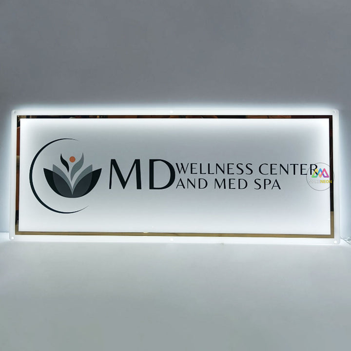 Custom Acrylic Backlit Sign with Golden Lettering and Golden Edges, Custom White Acrylic Sign for the Business
