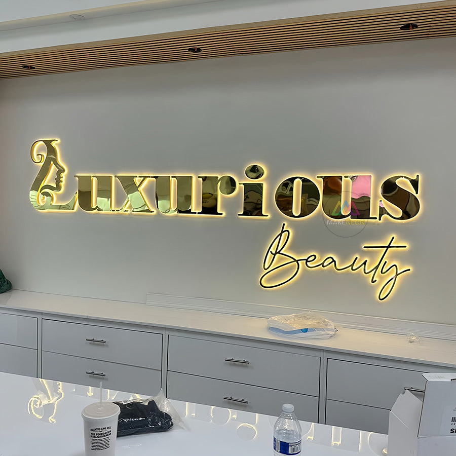3D Metal Backlit Sign for Beauty Store - Backlit Gold Wall Lettering