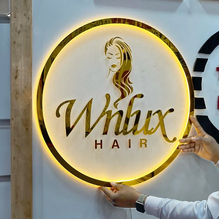 Salon Acrylic Business Sign with Metal Letters and Metal Edges, Acrylic Backlit Sign For Interior Space Decoration