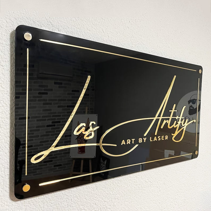Custom Acrylic Backlit Sign with Golden Lettering and Golden Edges, Custom Black Sign for the Business