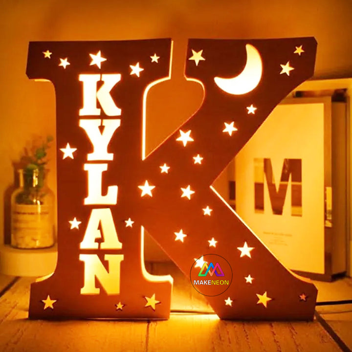 Personalized Moon Stars Name Sign, Light Up Letter Nightlight, Engraved Wood Sign