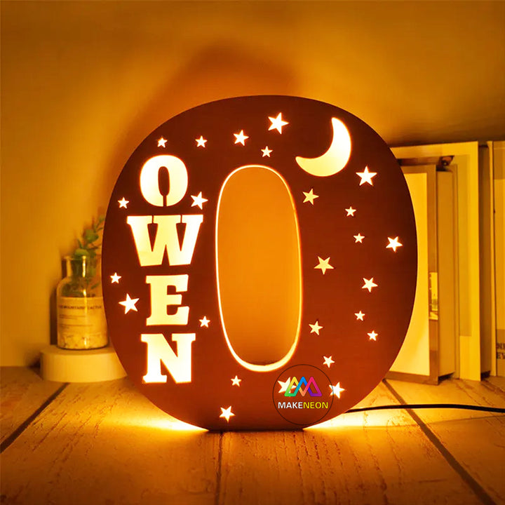 Personalized Moon Stars Name Sign, Light Up Letter Nightlight, Engraved Wood Sign