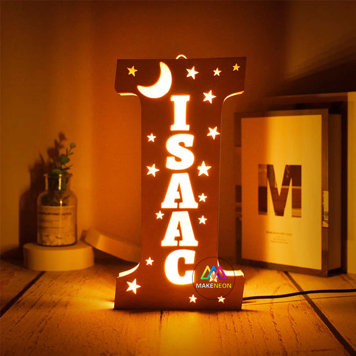 Personalized Moon Stars Name Sign, Light Up Letter Nightlight, Engraved Wood Sign