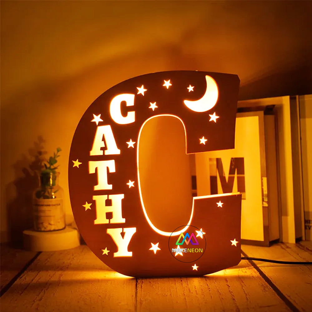 Personalized Moon Stars Name Sign, Light Up Letter Nightlight, Engraved Wood Sign