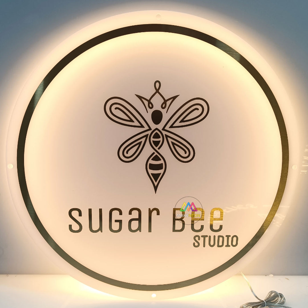 Custom Acrylic Backlit Sign with Golden Lettering and Golden Edges, Custom White Acrylic Round Sign for the Business