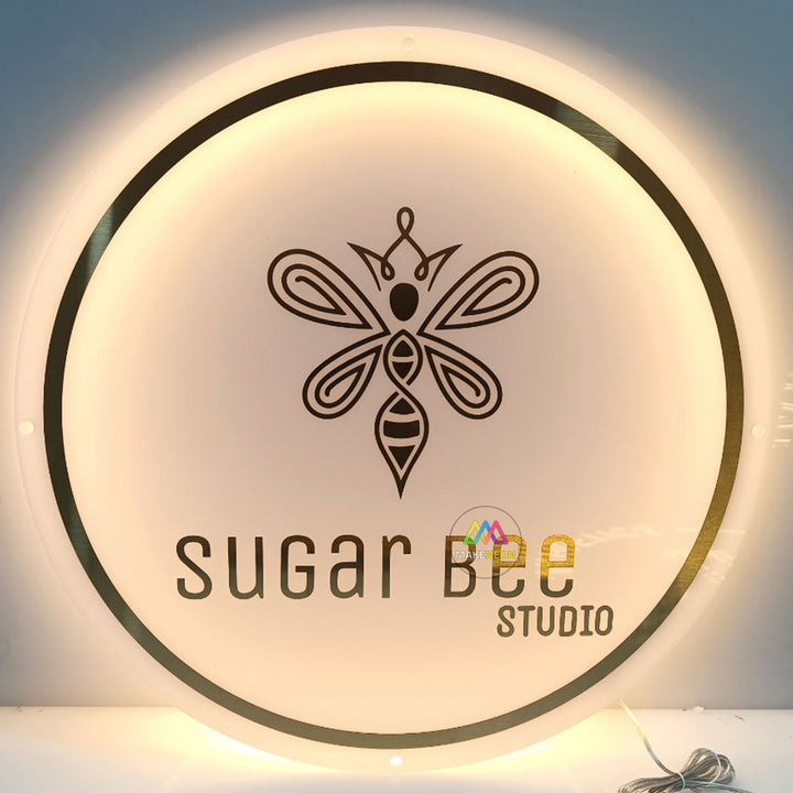 Custom Acrylic Backlit Sign with Golden Lettering and Golden Edges, Custom White Acrylic Round Sign for the Business