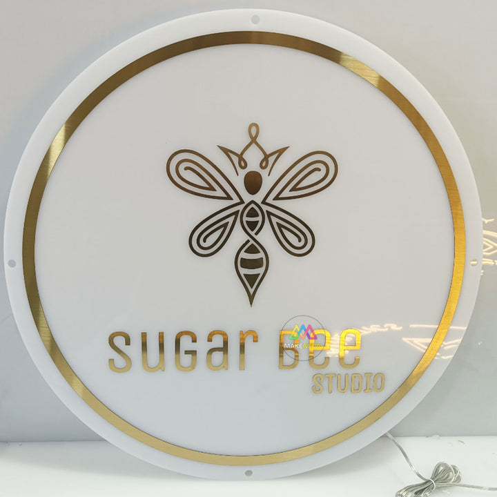 Custom Acrylic Backlit Sign with Golden Lettering and Golden Edges, Custom White Acrylic Round Sign for the Business