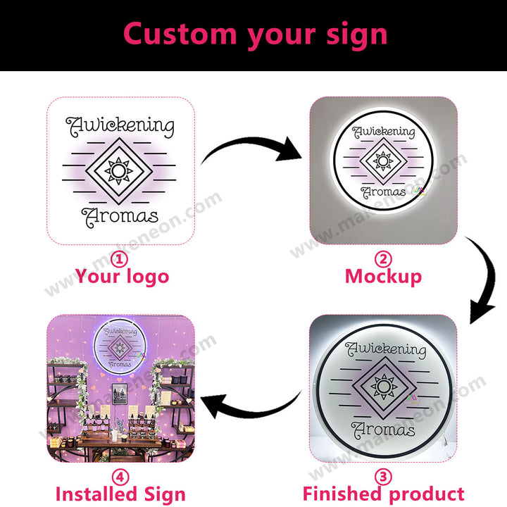 Custom Acrylic Backlit Sign with Golden Lettering and Golden Edges, Custom White Acrylic Round Sign for the Business