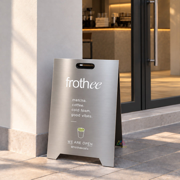 Custom Metal A-Frame Sign with Carry Handle - Mirrored Folding Sidewalk Sign for Shops, Boutiques & Events
