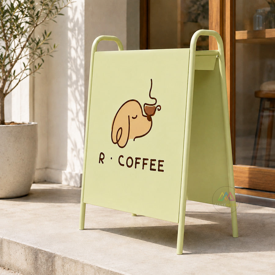 Custom Double-Sided A-Frame Sidewalk Sign - Metal Freestanding Sign with Display Shelf for Shops, Cafes, Salons & Studios