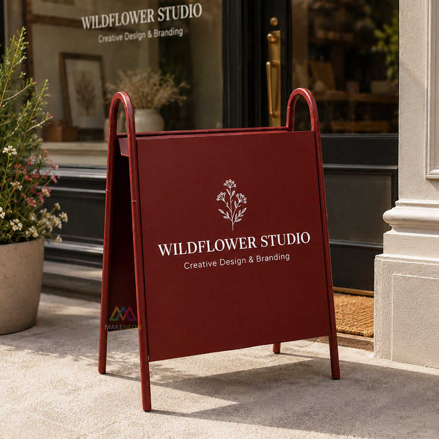 Custom Double-Sided A-Frame Sidewalk Sign - Metal Freestanding Sign with Display Shelf for Shops, Cafes, Salons & Studios