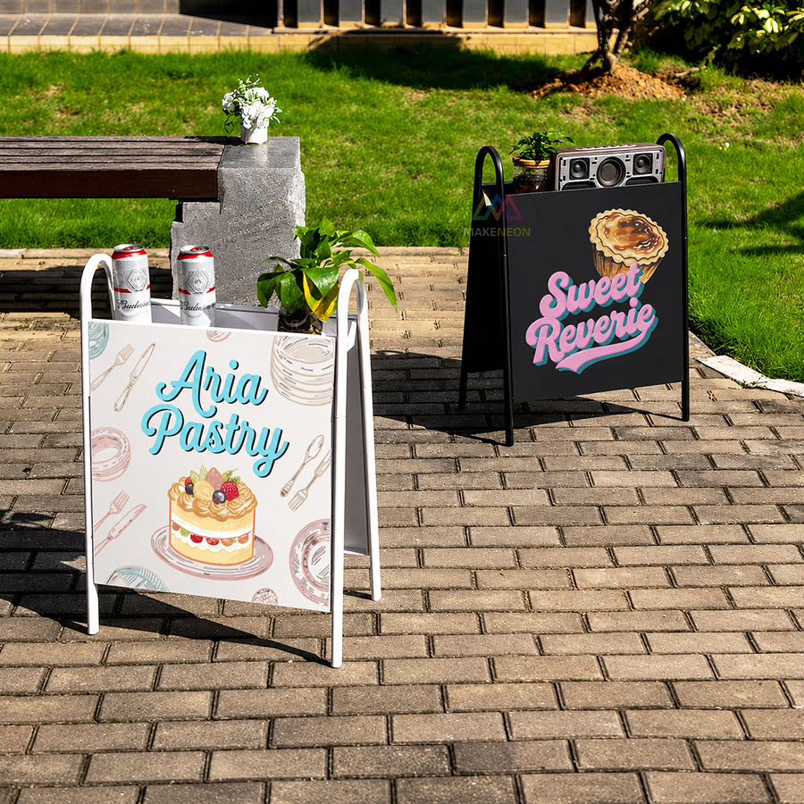 Custom Metal A-Frame Sidewalk Sign with Display Shelf - Movable Double-Sided Storefront Sign for Coffee Shops, Bakeries & Boutiques