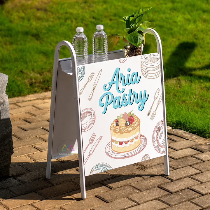 Custom Double-Sided A-Frame Sidewalk Sign - Metal Freestanding Sign with Display Shelf for Shops, Cafes, Salons & Studios
