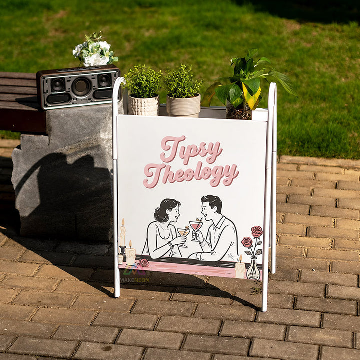 Custom Double-Sided A-Frame Sidewalk Sign - Metal Freestanding Sign with Display Shelf for Shops, Cafes, Salons & Studios