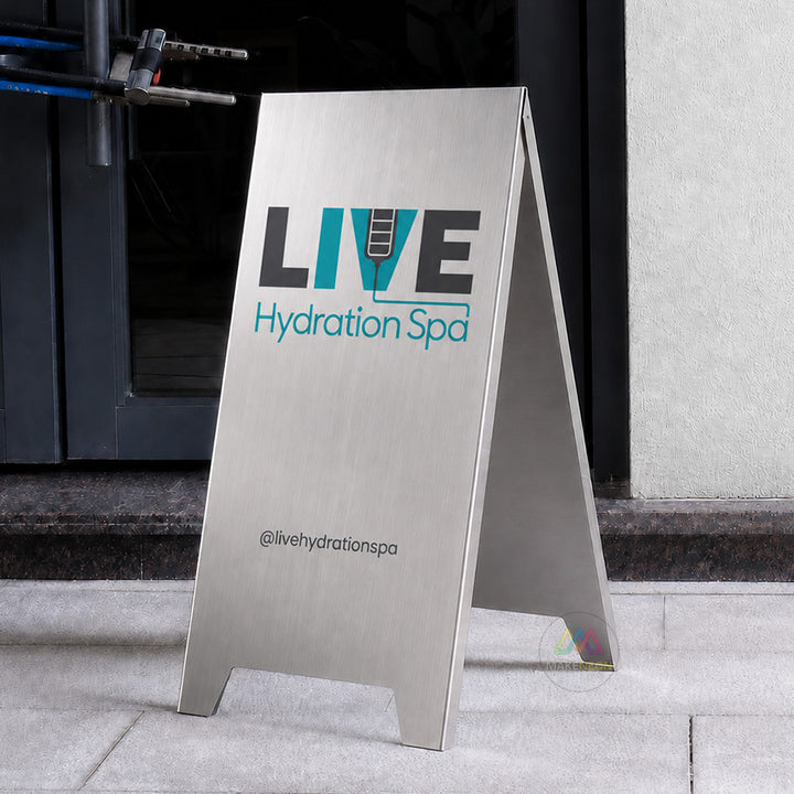 Custom Folded-Edge Metal A-Frame Sidewalk Sign - Foldable Stainless Steel Freestanding Sign for Businesses