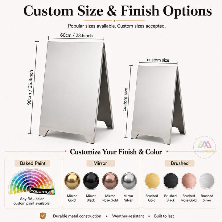 Custom Folded-Edge Metal A-Frame Sidewalk Sign - Foldable Stainless Steel Freestanding Sign for Businesses