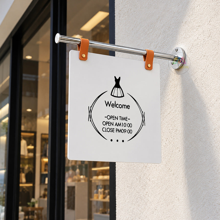 Custom Leather Strap Hanging Blade Sign - Rod-Mounted Storefront Sign for Shops & Businesses