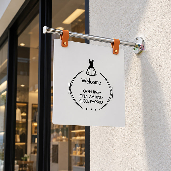 Custom Leather Strap Hanging Blade Sign - Rod-Mounted Storefront Sign for Shops & Businesses