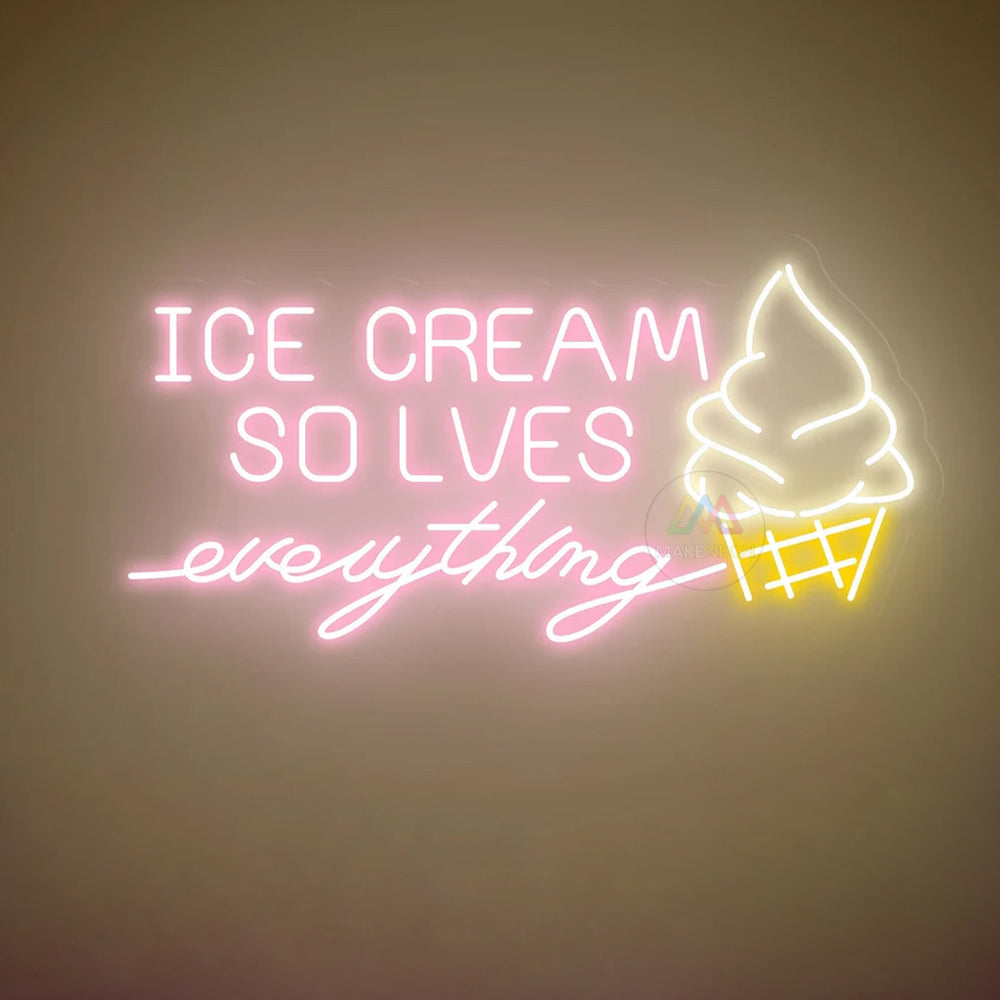 Ice Cream Solves Everything Neon Sign for Ice Cream Shop, Food Bar Decor