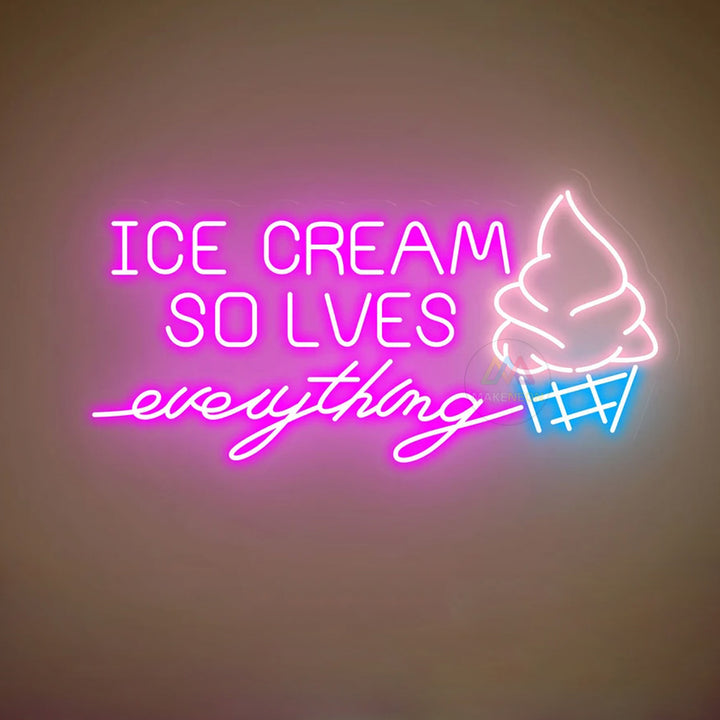 Ice Cream Solves Everything Neon Sign for Ice Cream Shop, Food Bar Decor