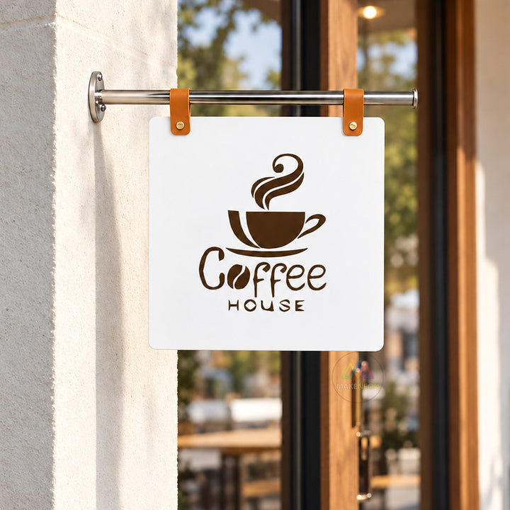 Custom Leather Strap Hanging Blade Sign - Rod-Mounted Storefront Sign for Shops & Businesses