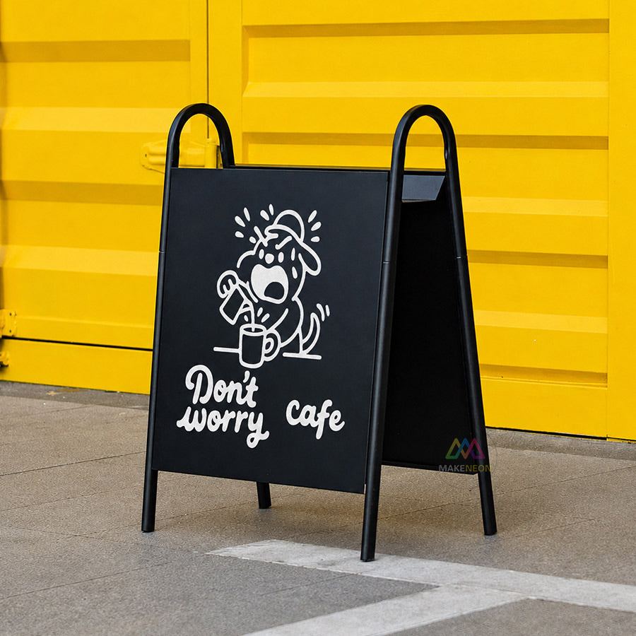 Custom Double-Sided A-Frame Sidewalk Sign - Metal Freestanding Sign with Display Shelf for Shops, Cafes, Salons & Studios