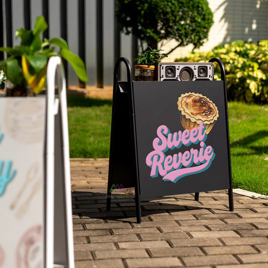 Custom Metal A-Frame Sidewalk Sign with Display Shelf - Movable Double-Sided Storefront Sign for Coffee Shops, Bakeries & Boutiques