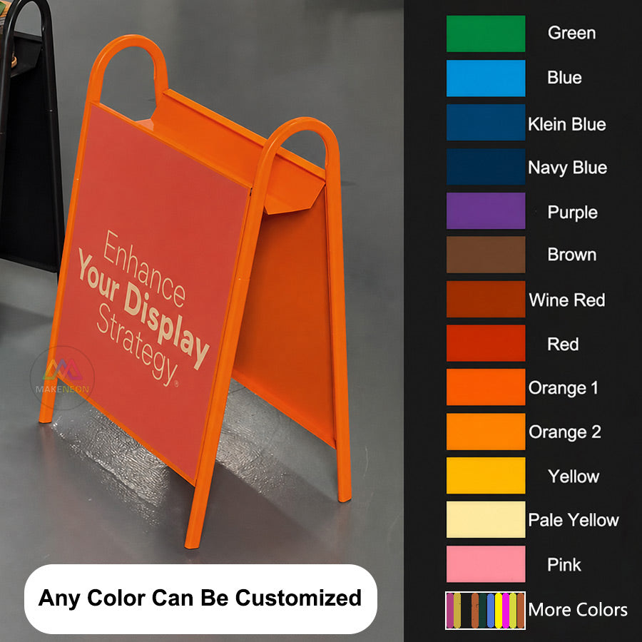 Custom Double-Sided A-Frame Sidewalk Sign - Metal Freestanding Sign with Display Shelf for Shops, Cafes, Salons & Studios