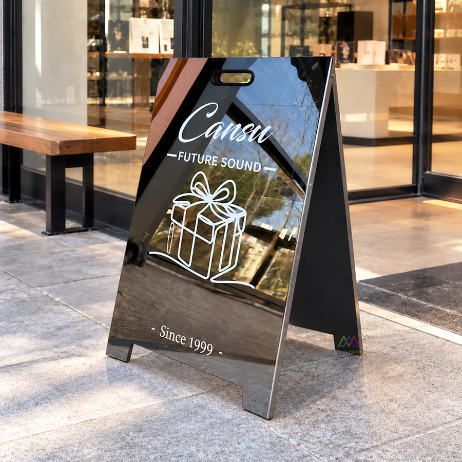 Custom Metal A-Frame Sign with Carry Handle - Mirrored Folding Sidewalk Sign for Shops, Boutiques & Events